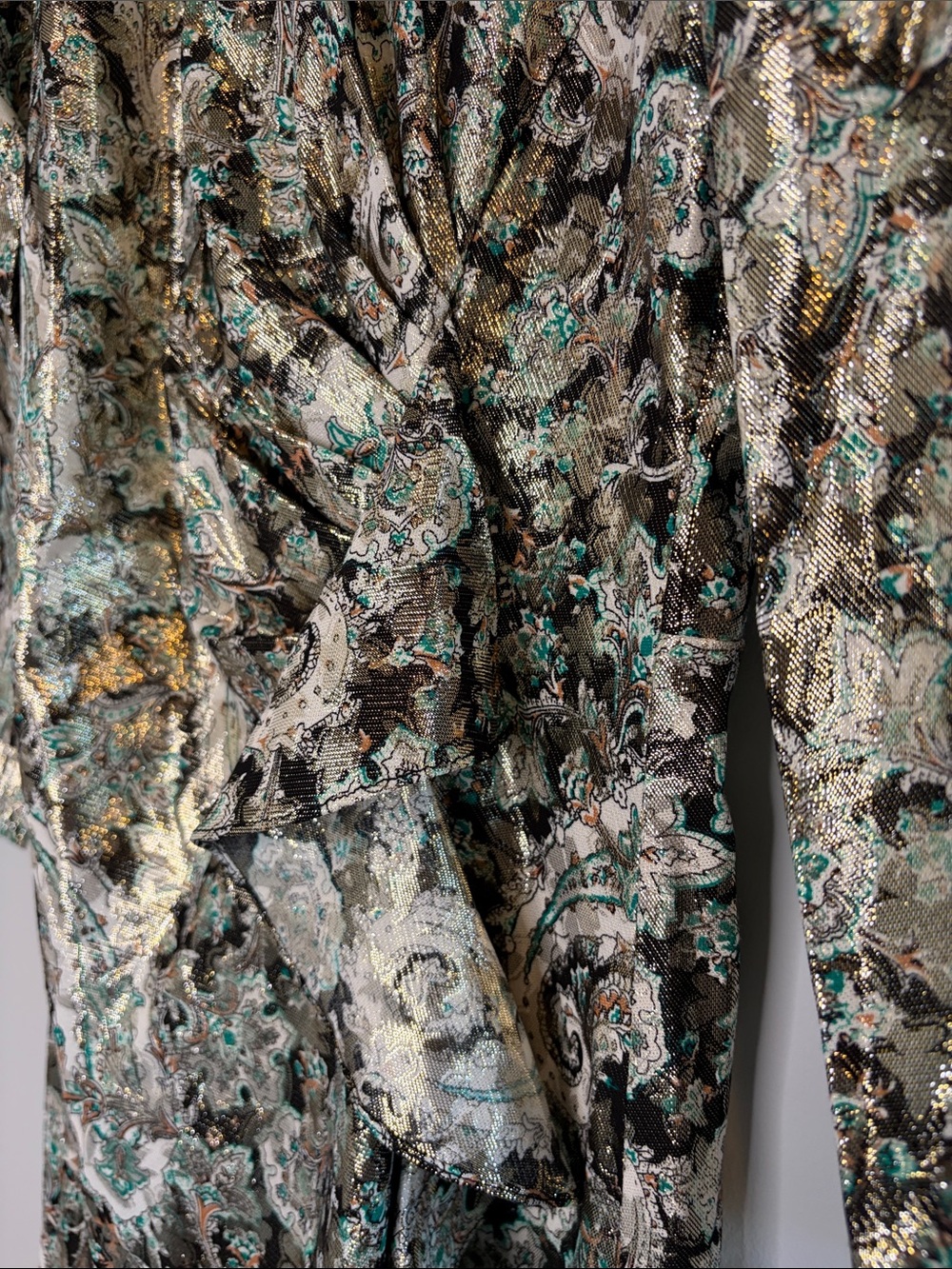 Sandro Paris Long-Sleeve Metallic Paisley Twist-Front Midi Dress - Silver Green - Picture 6 of 14